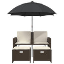 2-personers havesofa med parasol og skamler polyrattan brun