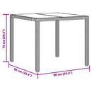 havebord med glastop 90x90x75 cm polyrattan grå
