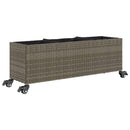 plantekasse med hjul og 3 krukker 107x32x38 cm polyrattan grå