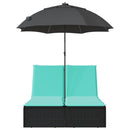 dobbelt loungesofa med hynder og parasol polyrattan sort