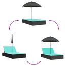 dobbelt loungesofa med hynder og parasol polyrattan sort