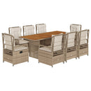spisebordssæt til haven 9 dele med hynder polyrattan beige