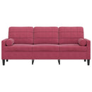 3-personers sofa med pyntepuder 180 cm velour vinrød