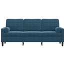 3-personers sofa med pyntepuder 180 cm velour blå