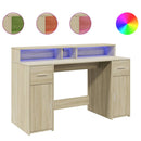 skrivebord med LED-lys 140x55x91 cm konstrueret træ sonoma-eg