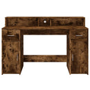 skrivebord med LED-lys 140x55x91 cm konstrueret træ røget eg