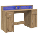 skrivebord med LED-lys 140x155x91 cm konstrueret træ gammelt eg