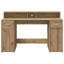 skrivebord med LED-lys 140x155x91 cm konstrueret træ gammelt eg