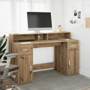 skrivebord med LED-lys 140x155x91 cm konstrueret træ gammelt eg
