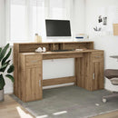 skrivebord med LED-lys 160x155x91 cm konstrueret træ gammelt eg