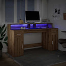 skrivebord med LED-lys 160x155x91 cm konstrueret træ gammelt eg