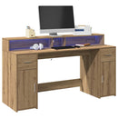 skrivebord med LED-lys 160x155x91 cm konstrueret træ gammelt eg