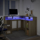 skrivebord med LED-lys 130x130x91 cm konstrueret træ sonoma-eg