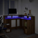 skrivebord med LED-lys 130x130x91 cm konstrueret træ gammelt eg
