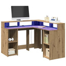 skrivebord med LED-lys 130x130x91 cm konstrueret træ gammelt eg