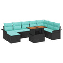 Havesofa Sæt 9 pcs Sort og blå Polyrattan og pulverlakeret stål
