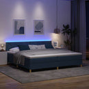 LED Box Spring Bed med LED-lysstrimler Blå 200 x 200 cm Stof