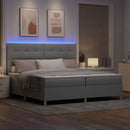 LED Box Spring Bed med hovedgærde Lysegrå 200 x 200 cm Stof