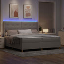 Box spring seng med LED-lysstrimler Gråbrun 200 x 200 cm Stof