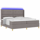 Box spring seng med LED-lysstrimler Gråbrun 200 x 200 cm Stof
