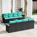 Havesofa Sæt med pude 9 pcs Sort og turkis polyrattan