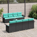 Havesofa Sæt med pude 9 pcs Sort og turkis polyrattan