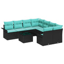 Havesofa Sæt med pude 9 pcs Sort og turkis polyrattan