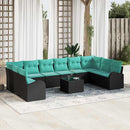 Havesofa Sæt med pude 11 pcs Sort og turkis polyrattan