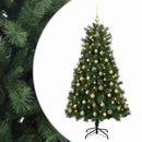 Kunstigt hængslet juletræ med julekugler 150 cm 150 LED'er
